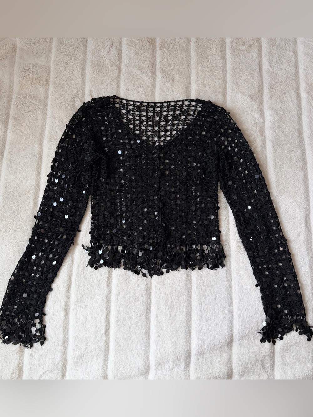 Vintage Y2K Crochet Sequined Cardigan Top Black Size Small